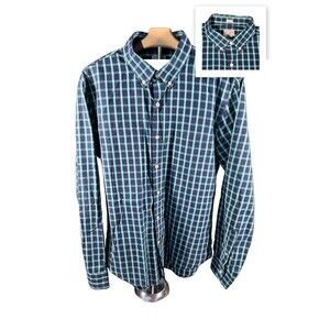 J. Crew Mens Large Slim Fit Teal Black Plaid Long Sleeve Button Down Shirt L
